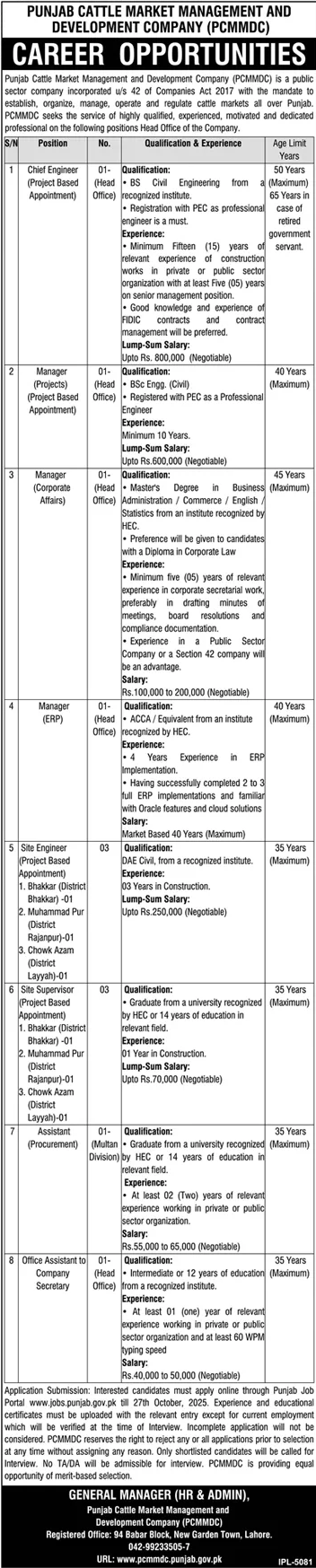 Jobs in Punjab Cattle Market Management & Development Company